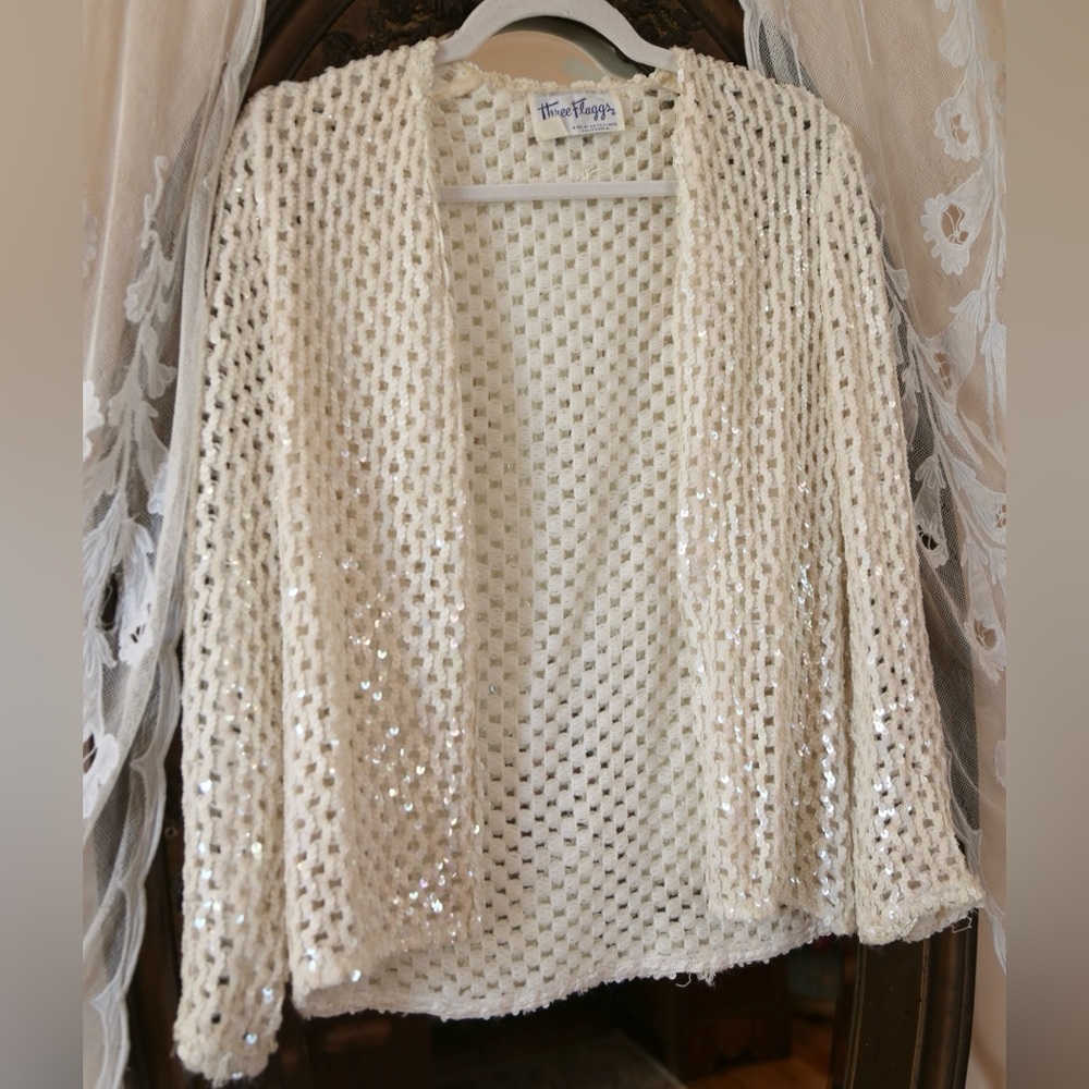 Vintage Iridescent Sequin Cream Open Cardigan